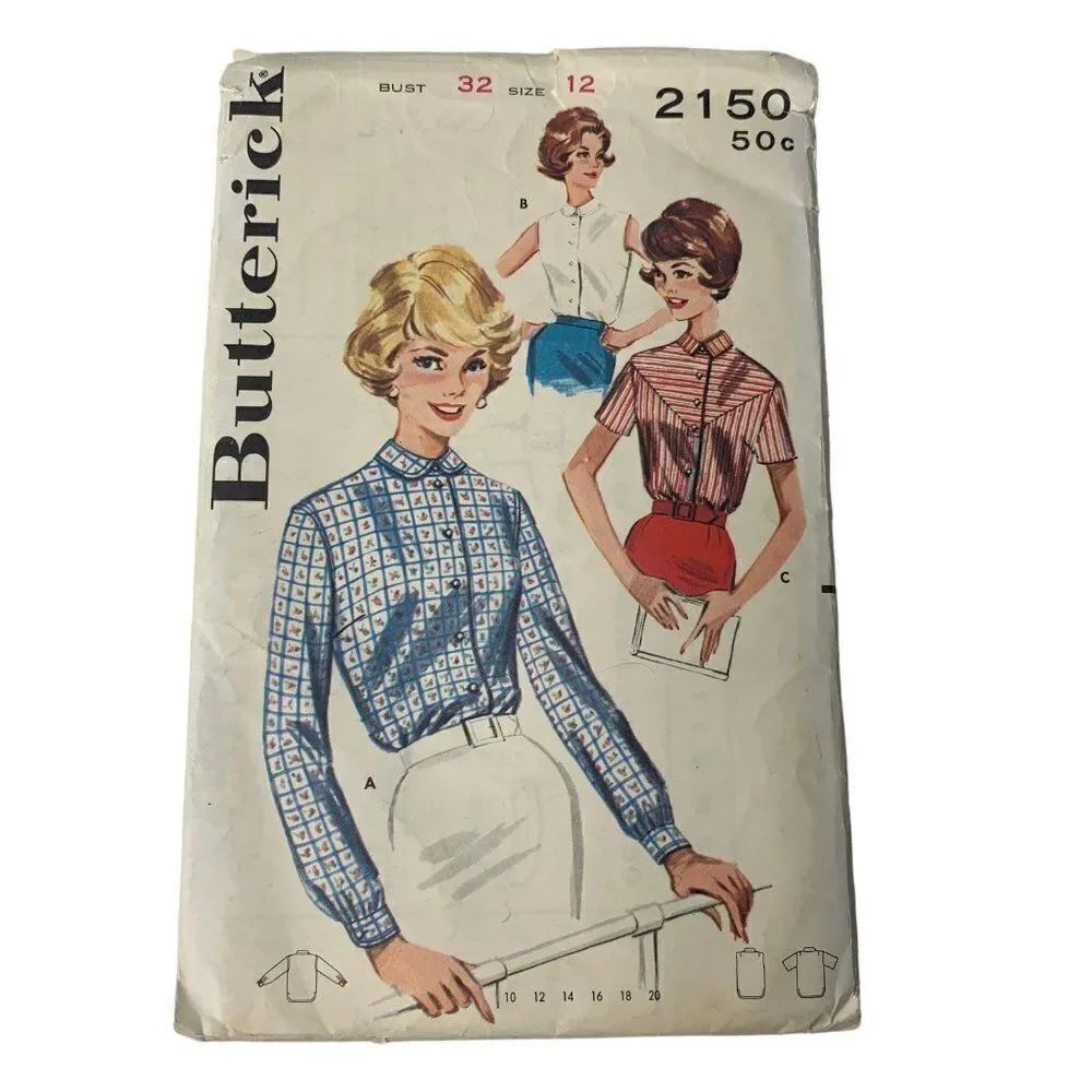 Vintage Butterick 2150 Pattern Misses 10-20 Tailored Blouse Collar Buttons Cut